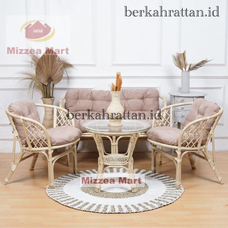 Mizzea KURSI BAHAMA ROTAN 1 SET + CUSSION & KACA / KURSI ROTAN MINIMALIS / KURSI TAMU ROTAN