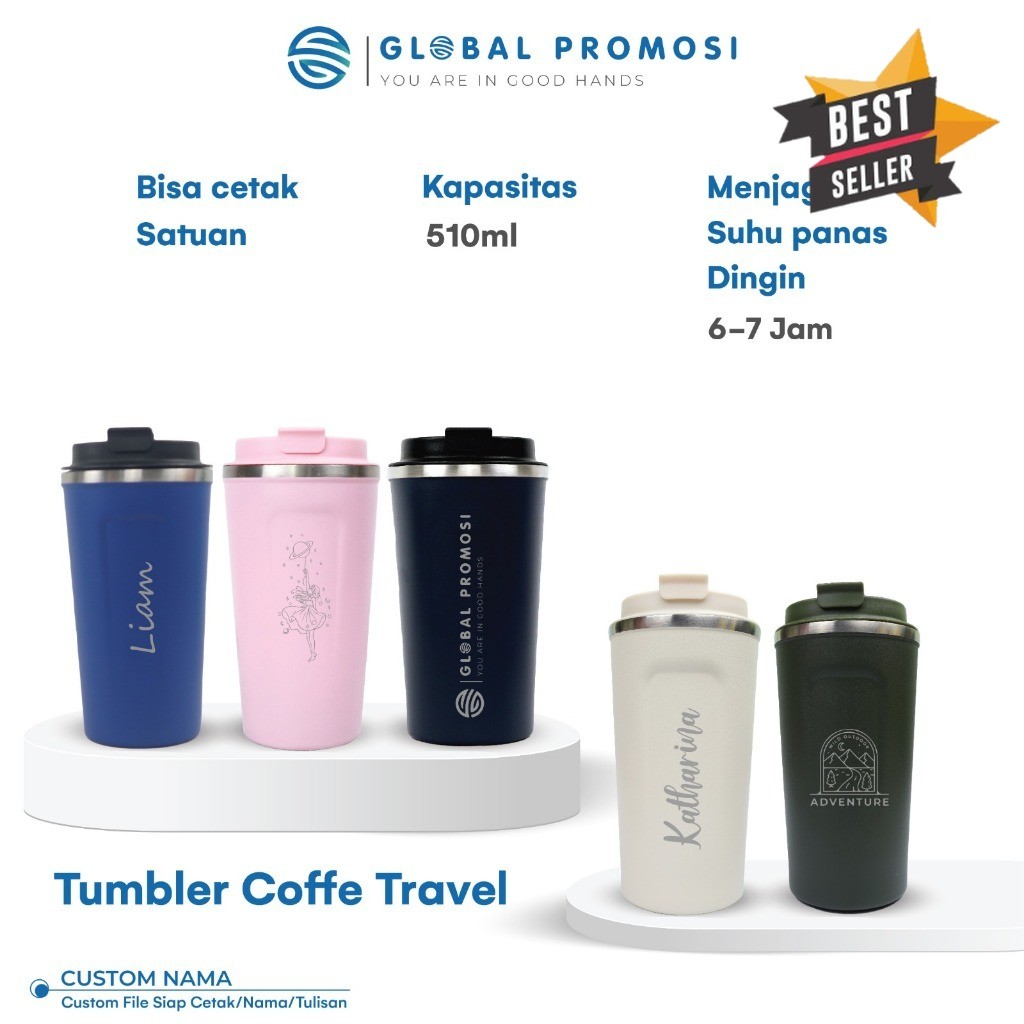 Tumbler Coffee Travel Mug Custom Gelas Minum Stainless 510ml Cetak Nama / Logo Laser Grafir