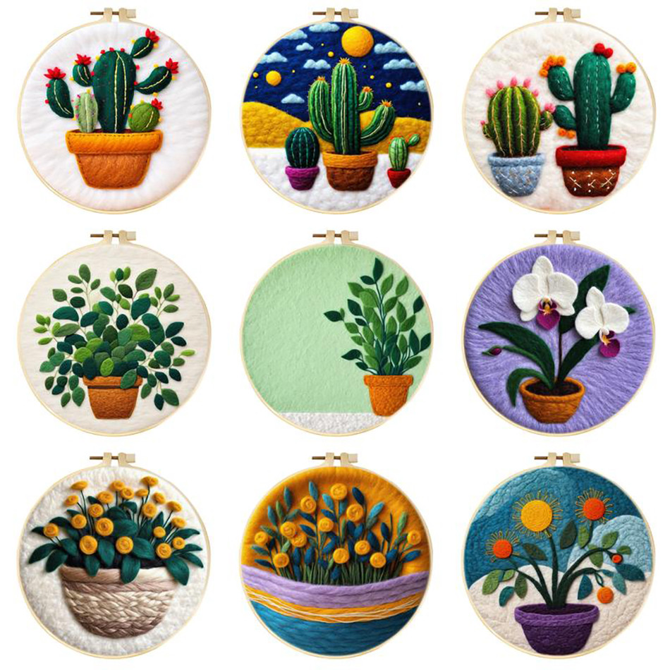 

RUOPOTY Wool Felt Painting Plants Potted Plants Craftwork Kit Wool Felt Accessories Embroidery Frame Needlework HandmadeDiy Set