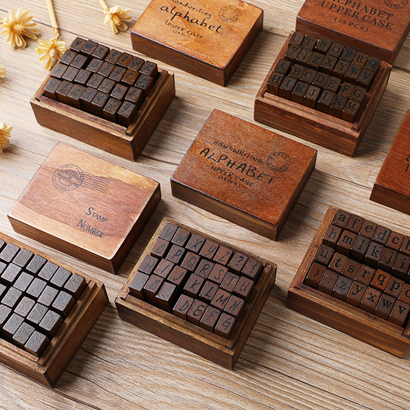 

28Pcs Alphabet Stamps Vintage Wooden Rubber Letter Standard Stamp Set For Craft Card Making Planner Scrapbooking Journals