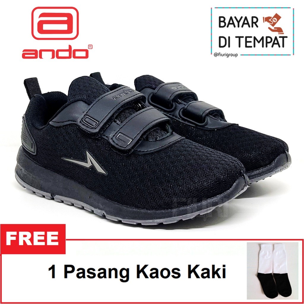 FIURI - ANDO ORIGINAL -  ONLIEN PEREKAT 29-38 FULL HITAM - SEPATU SNEAKERS KANVAS SOL KARET ANAK KEC