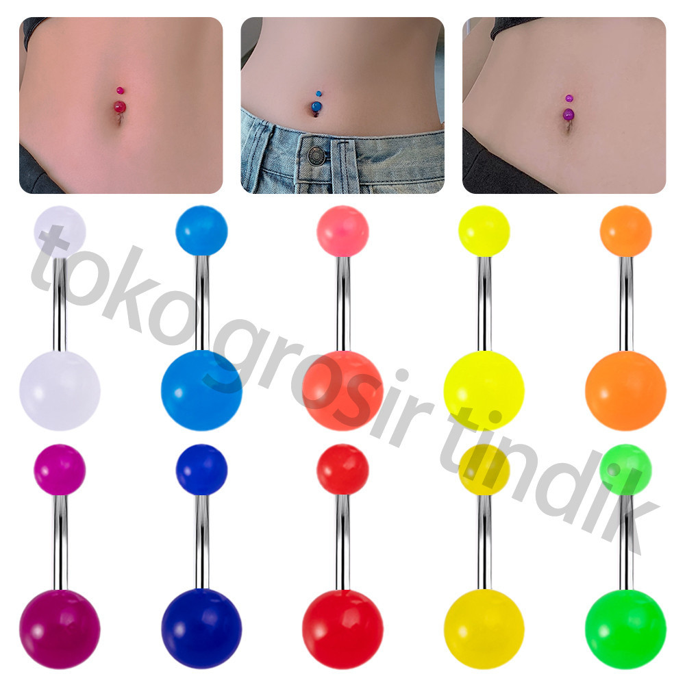 Tindik Pusar Akrilik Sederhana Cincin Tindik Perut Warna Permen Bola Bercahaya Unik Cincin Perut Bar