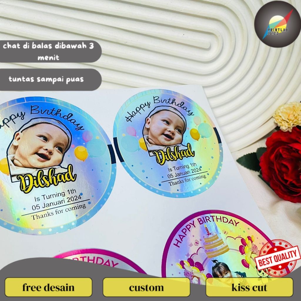 

PrintLab 2-4 Sticker Undangan Ulang Tahun Anak Label Stiker Happy Birthday Bahan Hologram Anti Air
