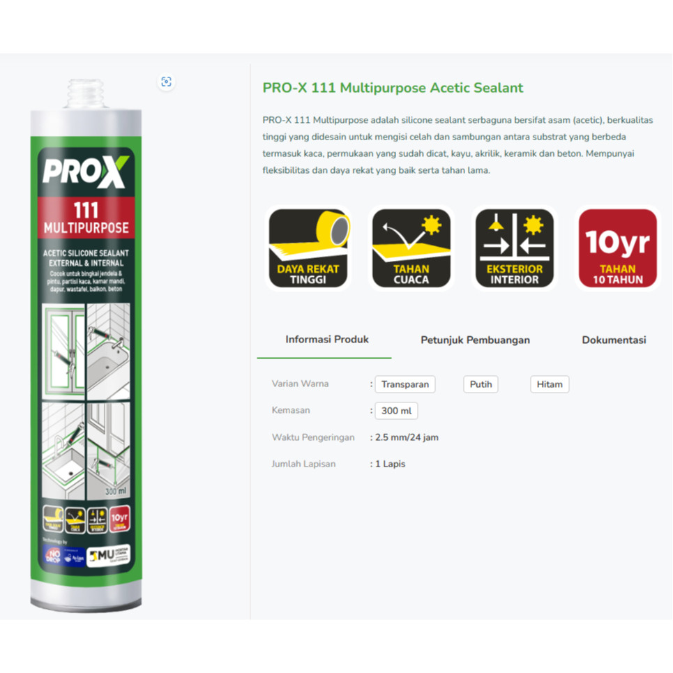 LEM KACA SILIKON PRO X 111 & 222 NAT KERAMIK WASTAFEL KAMAR MANDI SEALANT PINTU JENDELA KUSEN