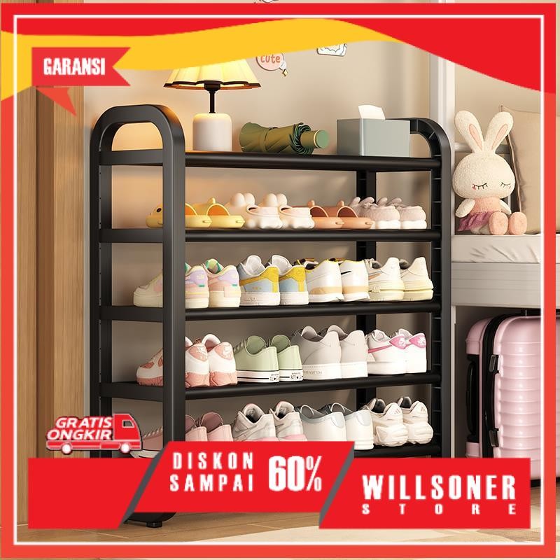Rak Sepatu Besi Kuat Tebal  Stainless Serbaguna Rak Minimalis 4/5 Susun Hitam Bertingkat Rak Susun S