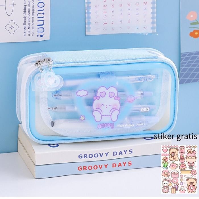 

[New Collection]PROMO Tas PenaTempat Pencil Tas Pensil kotak pensil aesthetic tempat alat tulis Bahan PVC berkapasitas besar dengan stiker gratis - BIRU