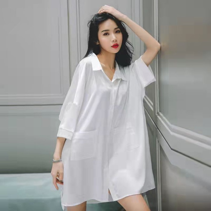 "HST.H" - TERLARIS Piyama baju tidur putih kemeja Dress panjang sexy bahan Chiffon - Putih, L
