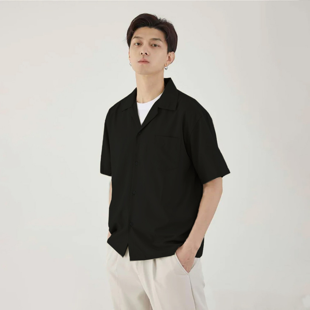 Safa Factory - Kemeja Revere Collar Shirt Pria Lengan Pendek Lacoste Pique Motif Polos Warna Hitam