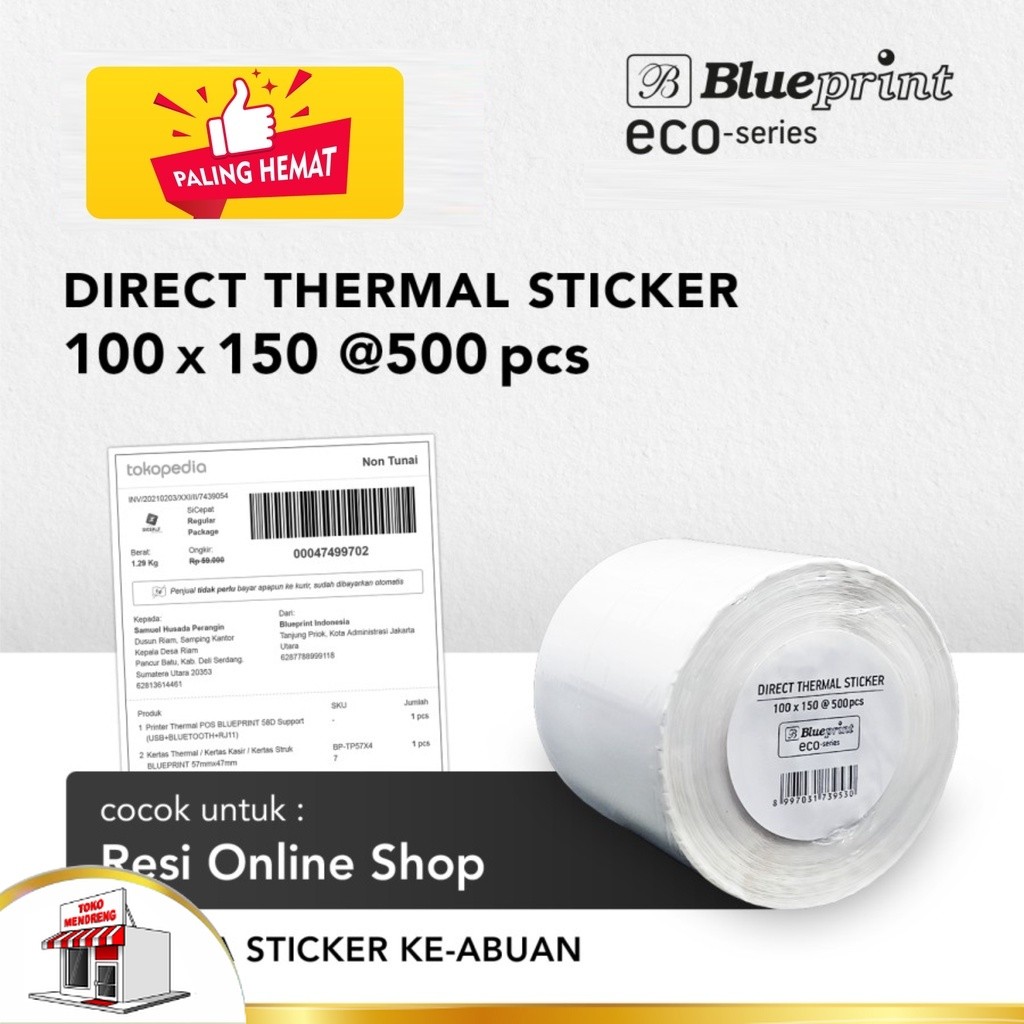 

Blueprint Eco 100x150 isi 500 Direct Thermal Sticker Label A6 100 x 150 Resi Barcode Pengiriman