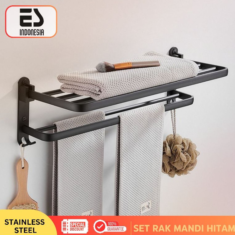 ESINDO Set Rak Kamar Mandi Dan Peralatan Kamar Mandi Hitam Sikat Kloset Dan Tempat Tissue Gantung