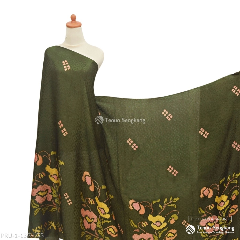 Kain Tenun Dobby Batik Mptif Bunga Lagosi Bugis Makassar Hijau Army - Tenun Sengkang PRU-1-137-LGS (