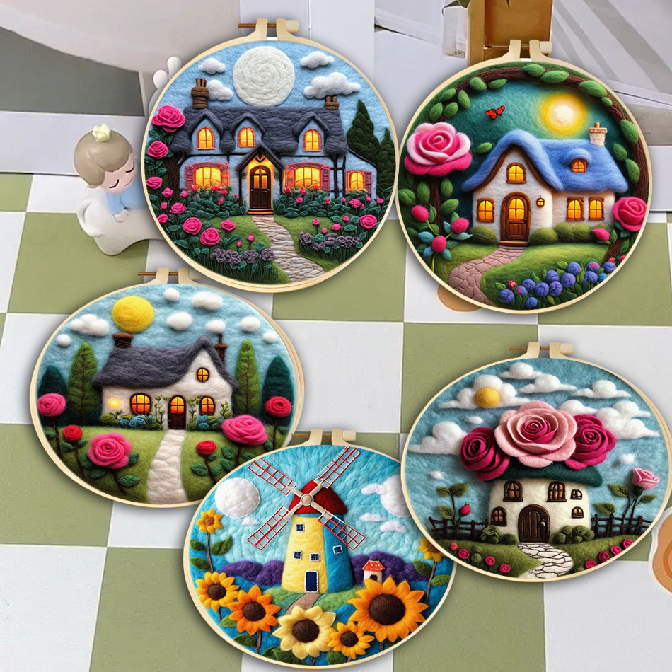 

DIY Needle Felting Kit Wool Painting Craft Set Pastoral Style Patterns Needle Felt Set with Foam Pad Felt Cloth and Instructions