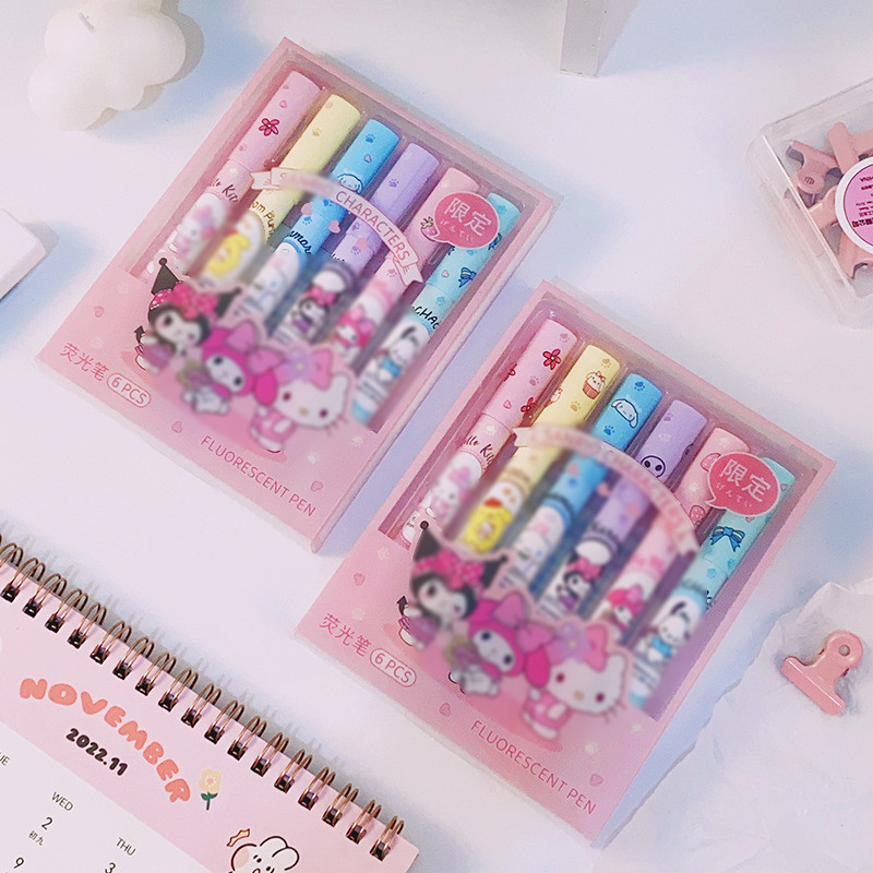 

MM Pen Diary Marker Stationery Lucu Unik Penanda Buku Warna Warni Pena Ujung Lembut Set Highlighter Warna Warni Karakter Kartun 6PCS Motif Spidol Warna Pastel