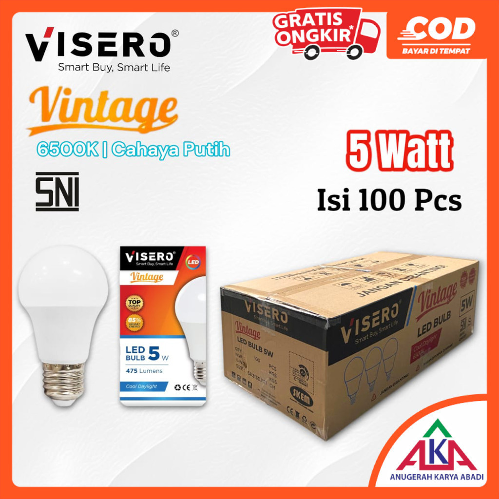 1 Dus / 1 Koli VISERO VINTAGE Bohlam Lampu LED 5W Dus isi 100 Pcs SNI - 5 Watt Putih