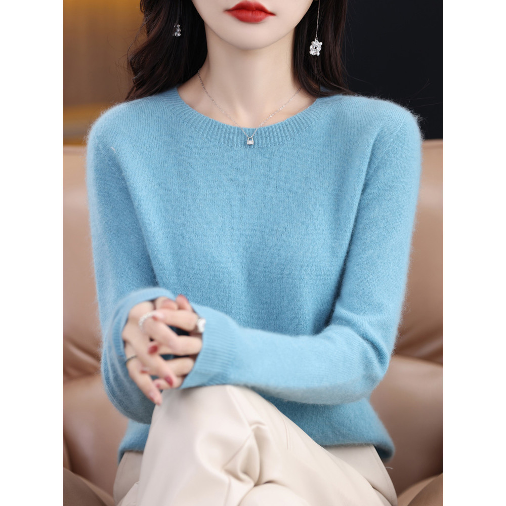 

2024 Fashion Versatile Solid Color Spring Autumn New Women 100% Merino Wool Sweater O-neck Basic Cashmere Pullover Clothing Top