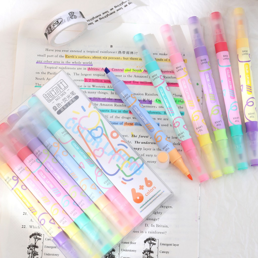 

6pcs Highlighter Dua Penanda Berwarna Highlighter Pastel Diary Marker Highlighterpen Lucu Unik Pen Warna Warni Pena Penanda Korea Stationery Alat Tulis barang aesthetic