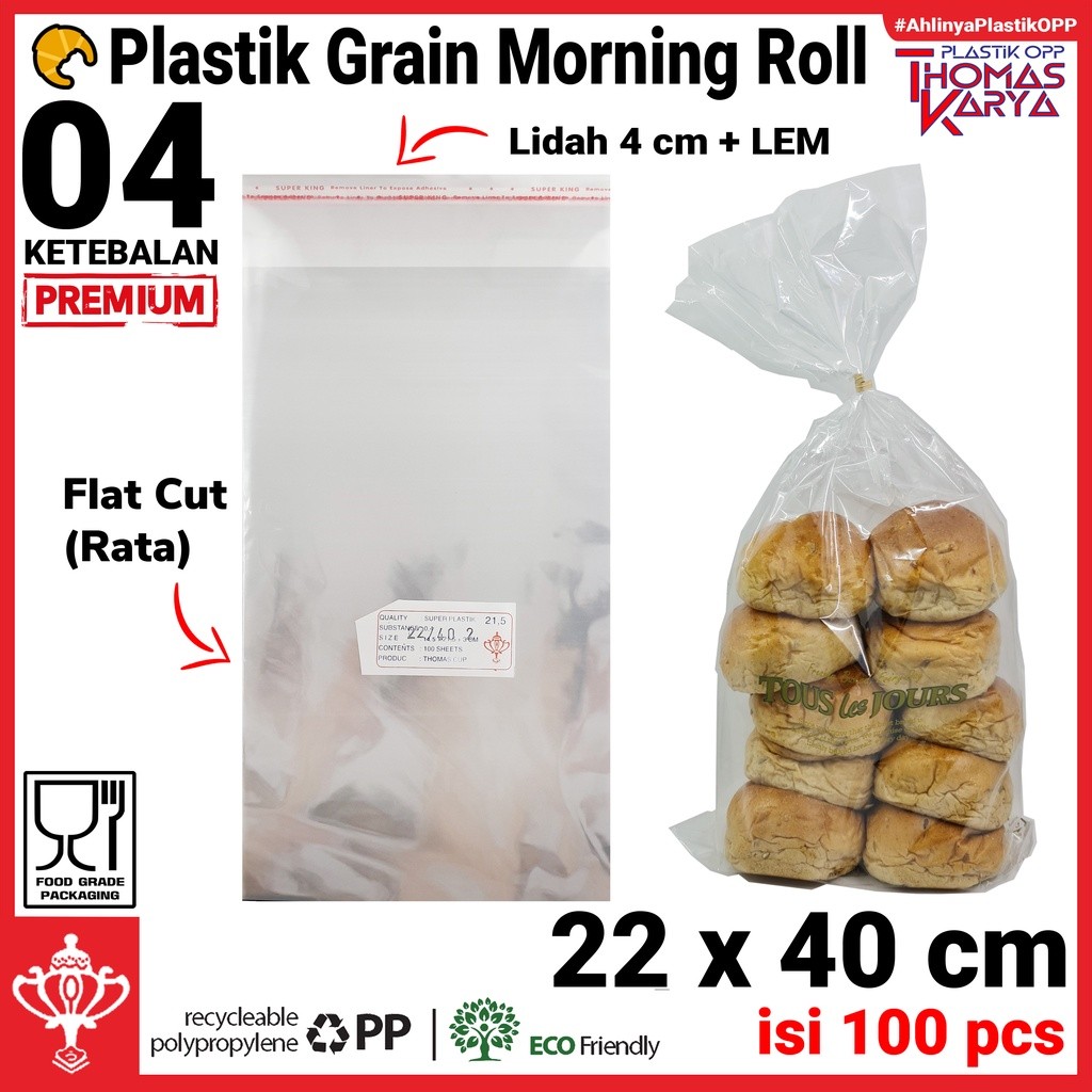 Plastik OPP Roti 22x40 DOUBLE PRESS isi 100 Kantong Bening Kemasan Morning Grain Roll dengan Seal