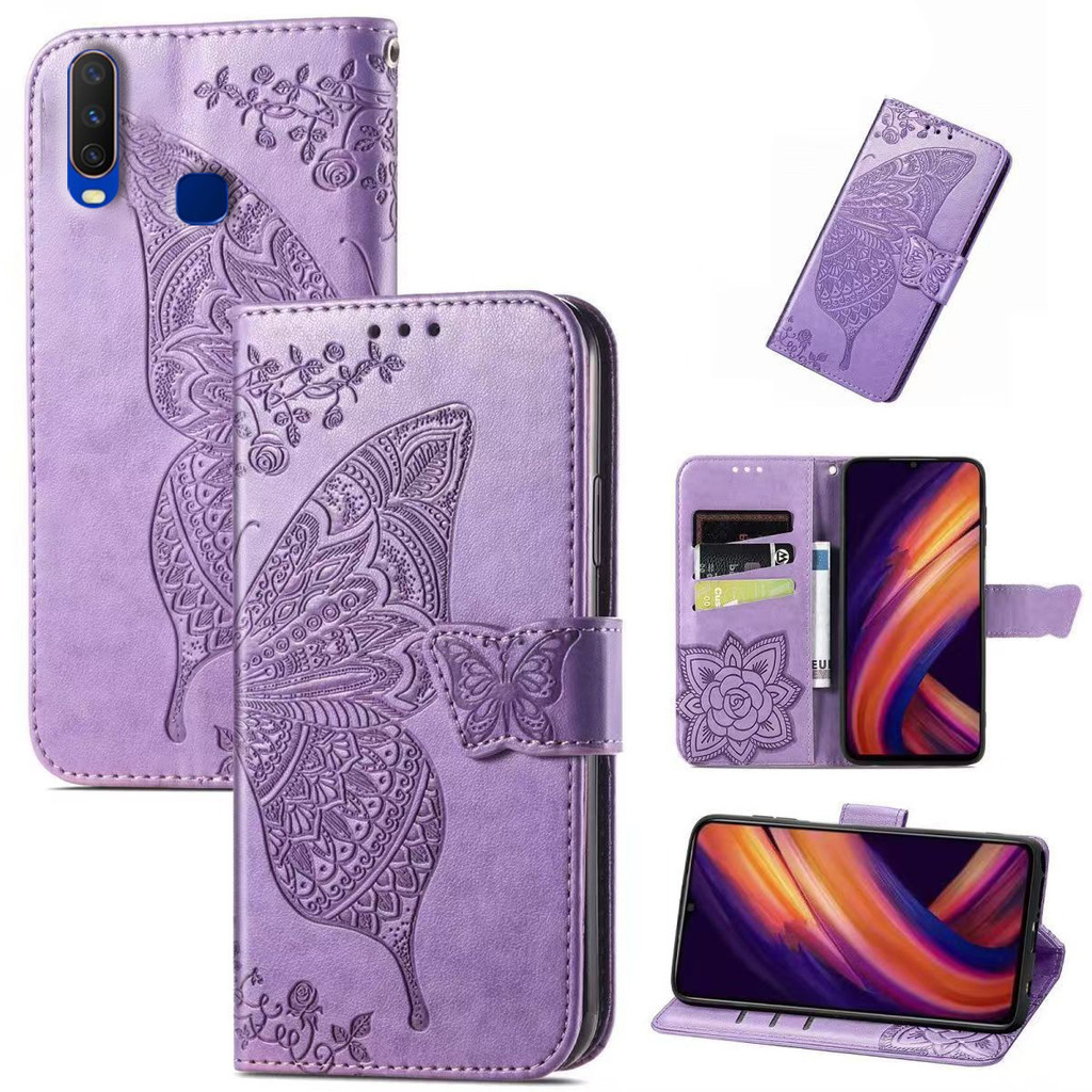 Butterfly Casing For VIVO Y12/Y15/Y17 Leather Case 1904, 1940,V1902, dompet Flip Motif Bunga matahar