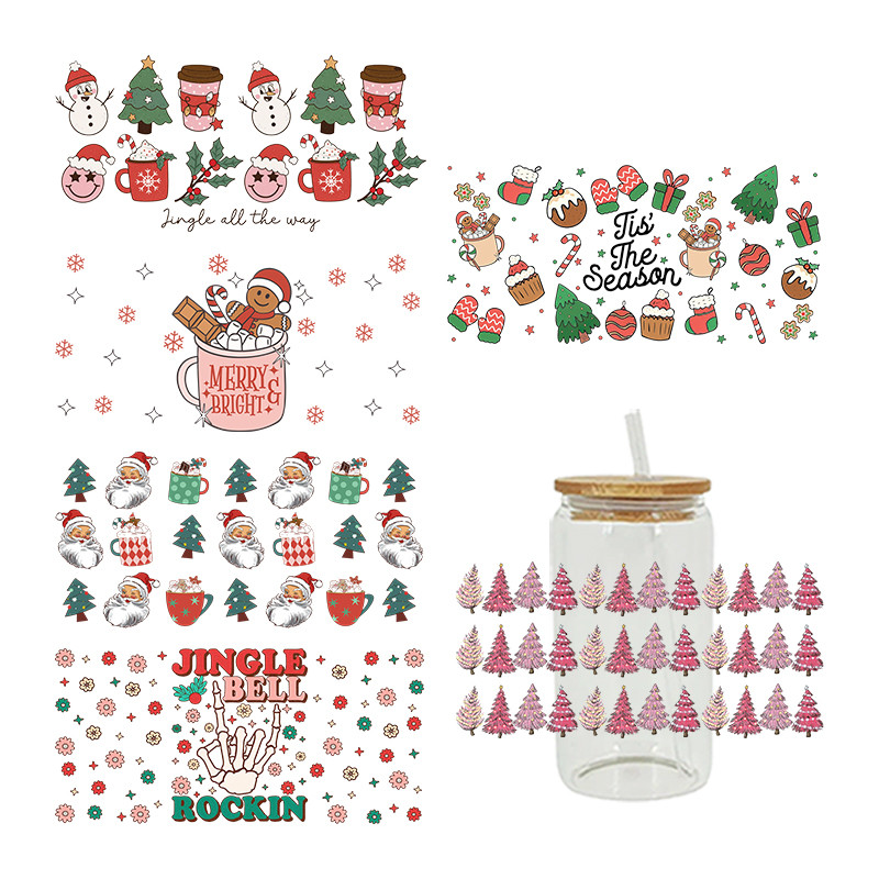 

UV DTF Christmas tree, Santa Claus, snowman Transfer Happy Juice Printed Sticker For The 16oz Libbey Glasses Wraps Bottles D3306