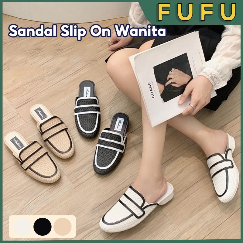 FUFU Sandal Slip On Wanita Kartun / Sandal Ujung Tertutup / Sandal Fashion / Sandal Flat / Sandal Fl