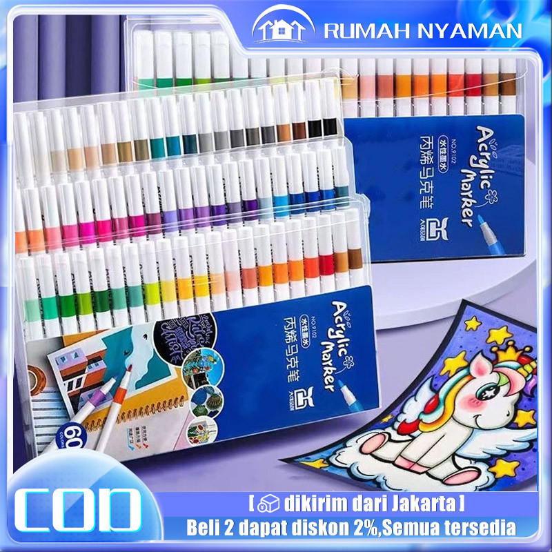 

（COD）Hightune Acrylic Marker Set Spidol Akrilik DIY Painting Spidol Pastel Pulpen Highlight Drawing Warna/One+One Spidol Akrilik Marker Set 12/24/36/48/60/80/96 Warnas Paint Marker