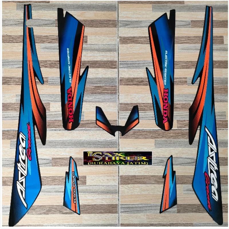 stripping sticker lis standar ori honda astrea grand 1997 warna hitam lis biru orange