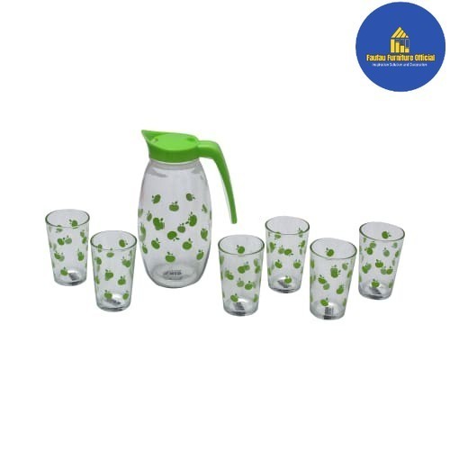 BEST QUALITY Set Teko Minum Bahan Kaca + 6 Gelas Tahan Panas Dan Tahan Dingin_Hijau