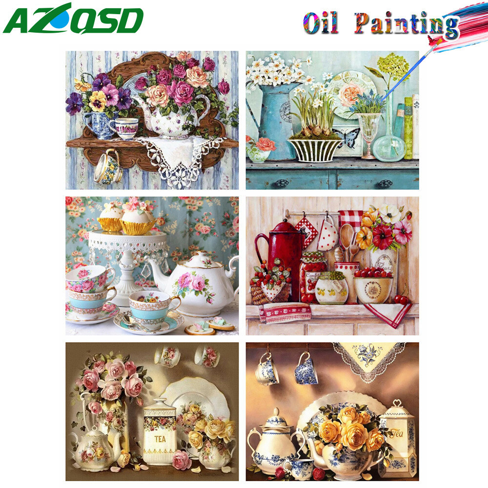 

AZQSD Picture Oil Painting By Numbers Kitchen Landscape 40X50cm Diy Handpainted Flower Cup Acrylic Coloring On Canvas Home Decor