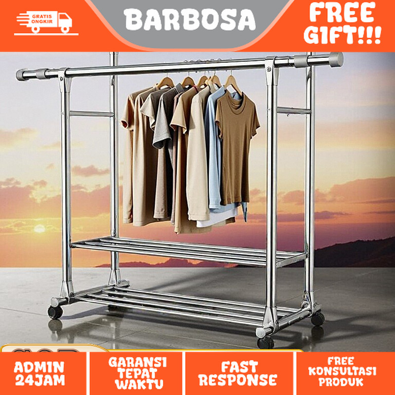 Rak Gantungan Baju Berdiri Stainless Steel Tebal Jemuran Baju Stainless Jemuran baju Dobel Pool Roda