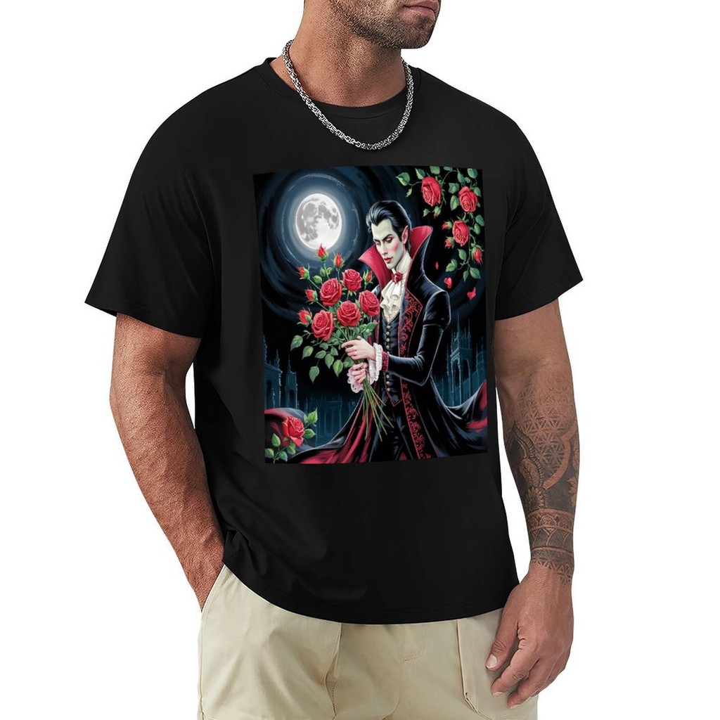 Kaos Vampir Romantis Bunga Mawar Purnama Gaya Gotik Background Hitam