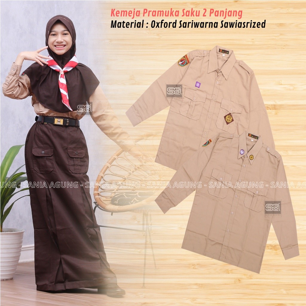SANIA AGUNG - Seragam Sekolah Baju Atasan Kemeja Coklat Susu Pramuka Penggalang Saku 2 Atas Panjang 