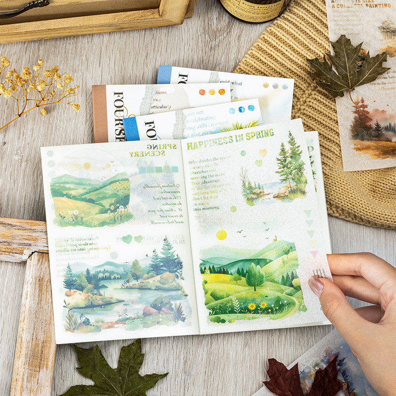 

Journal GO 20pcs Scenery Stickers Book Four Seasons Dual Material Scrapbooking Collage Junk Journal Decor Landscaping Sticker