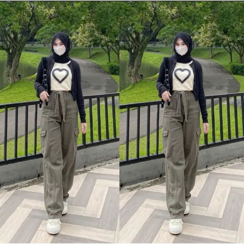 OS - Celana Cargo Jeans Pinggang Tali Wanita Highwaist | Jeans Wanita Cargo Korean