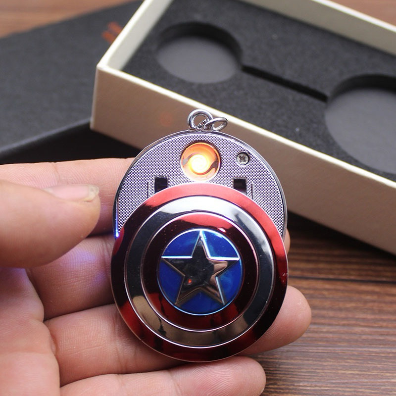 Terbaru Mancis Korek Api Elektrik Usb Cas Model Shield Captain America + Gantungan Kunci