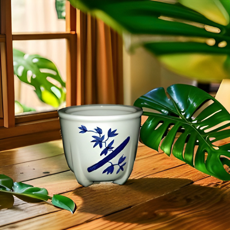 Vas Bunga Keramik Unik Model Oncom Putih Lukis Biru