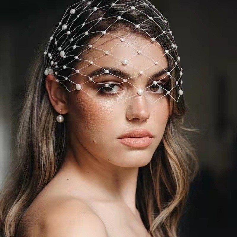 Vintage Bridal Birdcage Veil Headband Large Mesh Veil Headdress Pearl Mask Wedding Accessories for W