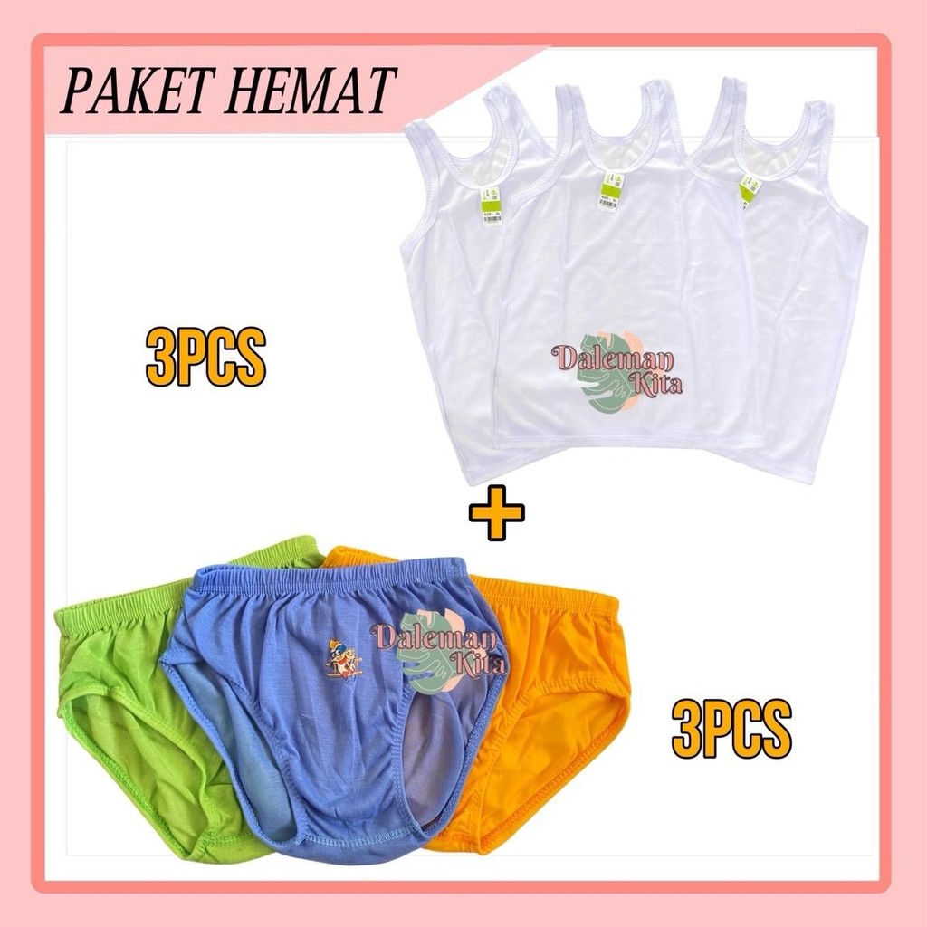 PAKET MURAH 3pcs singlet salur putih + 3pcs CD polos stiker | daleman anak cowok murah | setelan dal