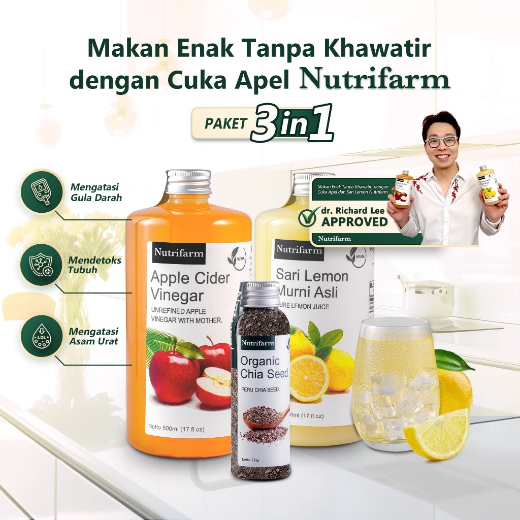 

PAKET DIET CUKA APEL 3 IN 1 CUKA APEL SARI LEMON CHIA SEED ORIGINAL ORGANIK 500ML / APPLE CIDER VINEGAR / CUKA SARI APEL / BRAGG NUTRIFARM DEHEALTH SUPPLIES DARIBUMI BEORGANIK