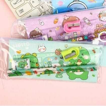 

Alat Tulis Stationery Set Pouch Pensil Penghapus Penggaris Rautan Karakter Lucu 5 in 1