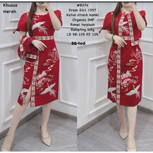 dress 2 in 1 merah batik merah marron 1597 m l xl 2xl 105 cm katun 30-ted
