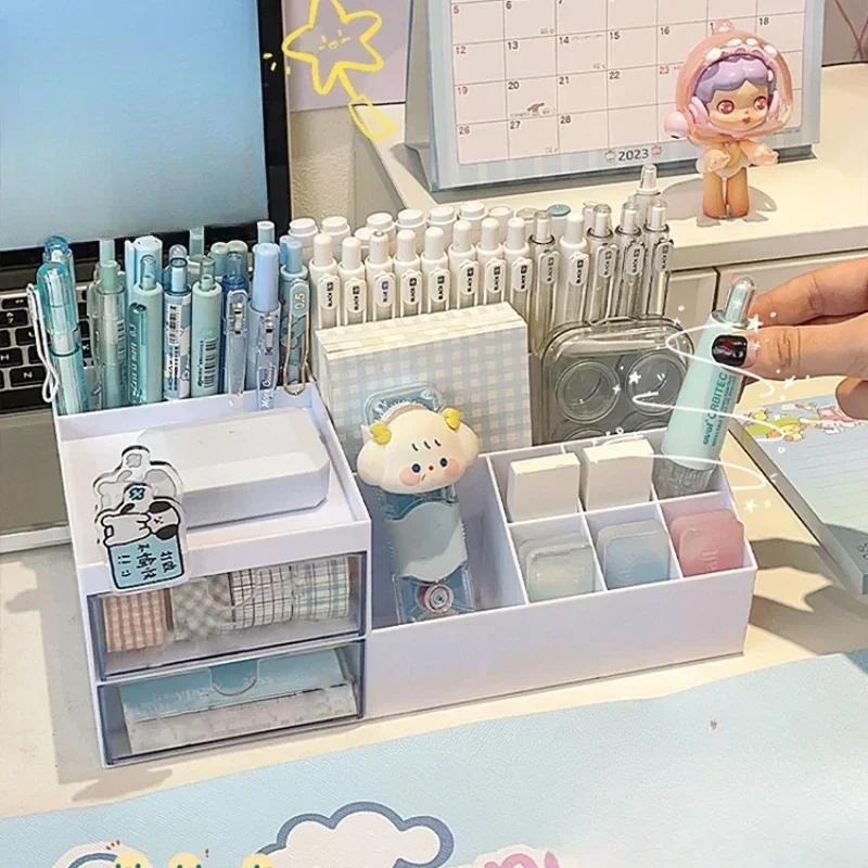 

Cute Pen Desk Holder Storage Box Organizer Girl Drawer-type Desktop Student Stationery Handbook Nine Grids Storage Box