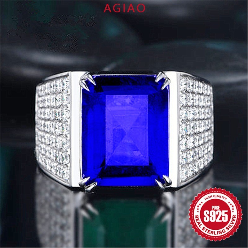 AGIAO Cincin Lebar Pria Kristal Biru Persegi Penuh Berlian 18K