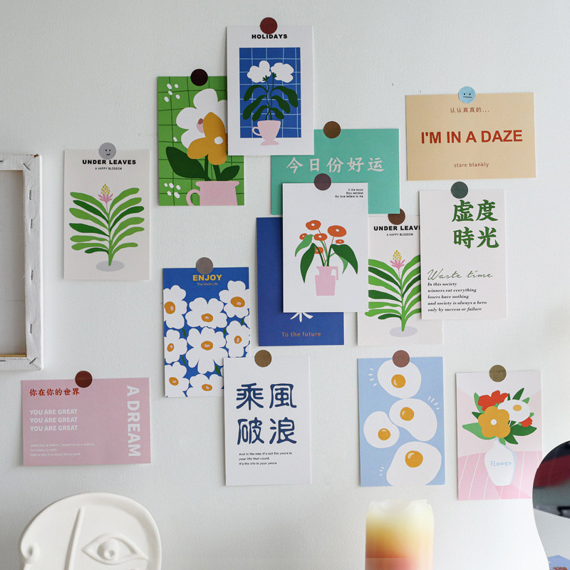 

15Pcs Unique Keep Happy Decoration Card Flower Art Postcard Simple Painting DIY Wall Sticker Photography Props Background Supply