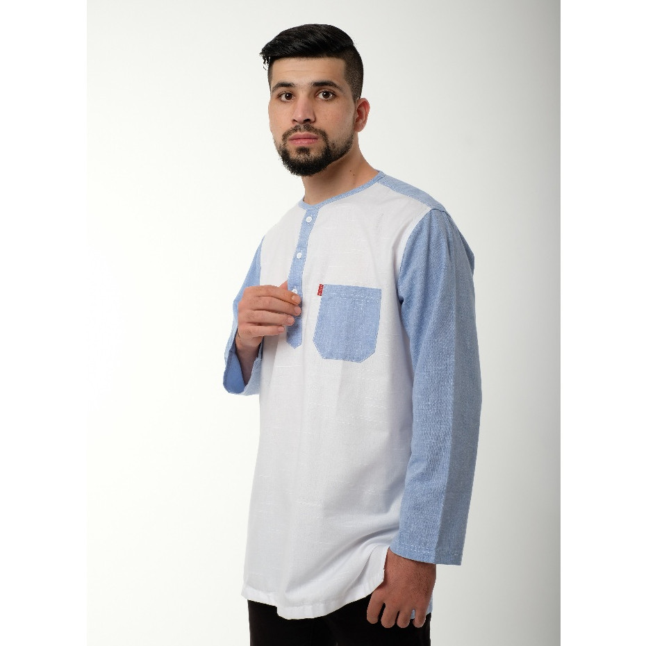 WAYDEE - URBAN PASAI WHITE BLUE -WAYDEE – Urban Pasai White Blue – Kemeja Pria Muslim Cotton B40 Pre