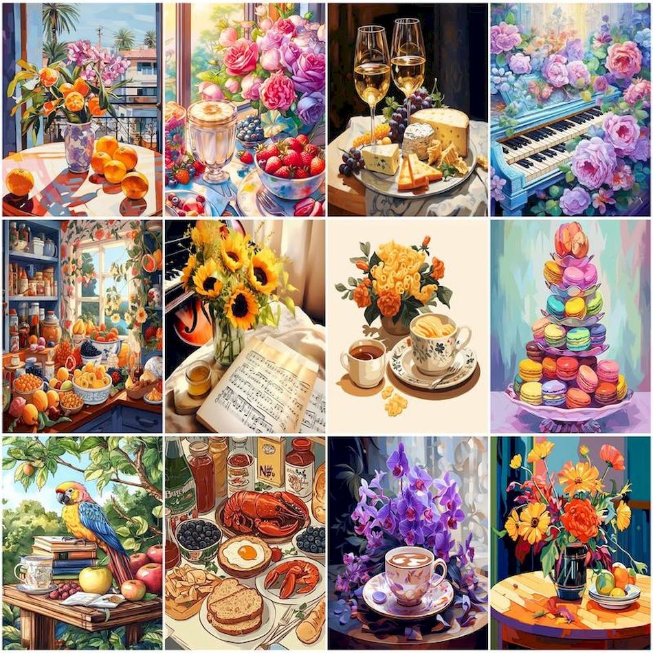 

RUOPOTY-Painting By Numbers On Canvas,Item decoration,Flowers Food,Modern,Wall Art Picture,Diy Set,Handwork,With Frame,Paint Kit