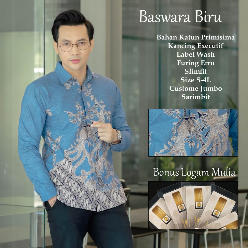 PERKASA BATIK Motif Baswara Biru Kemeja Batik Pria Lengan Panjang Furing Erro Warna Ice Blue Hem Kon