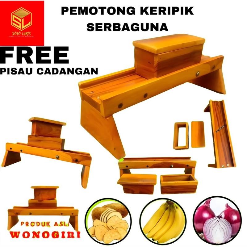 (UKURAN BESAR) Pengiris Serba Guna Pengiris Keripik, Pengiris Bawang KAYU JATI (COD) BONUS 2 pisau