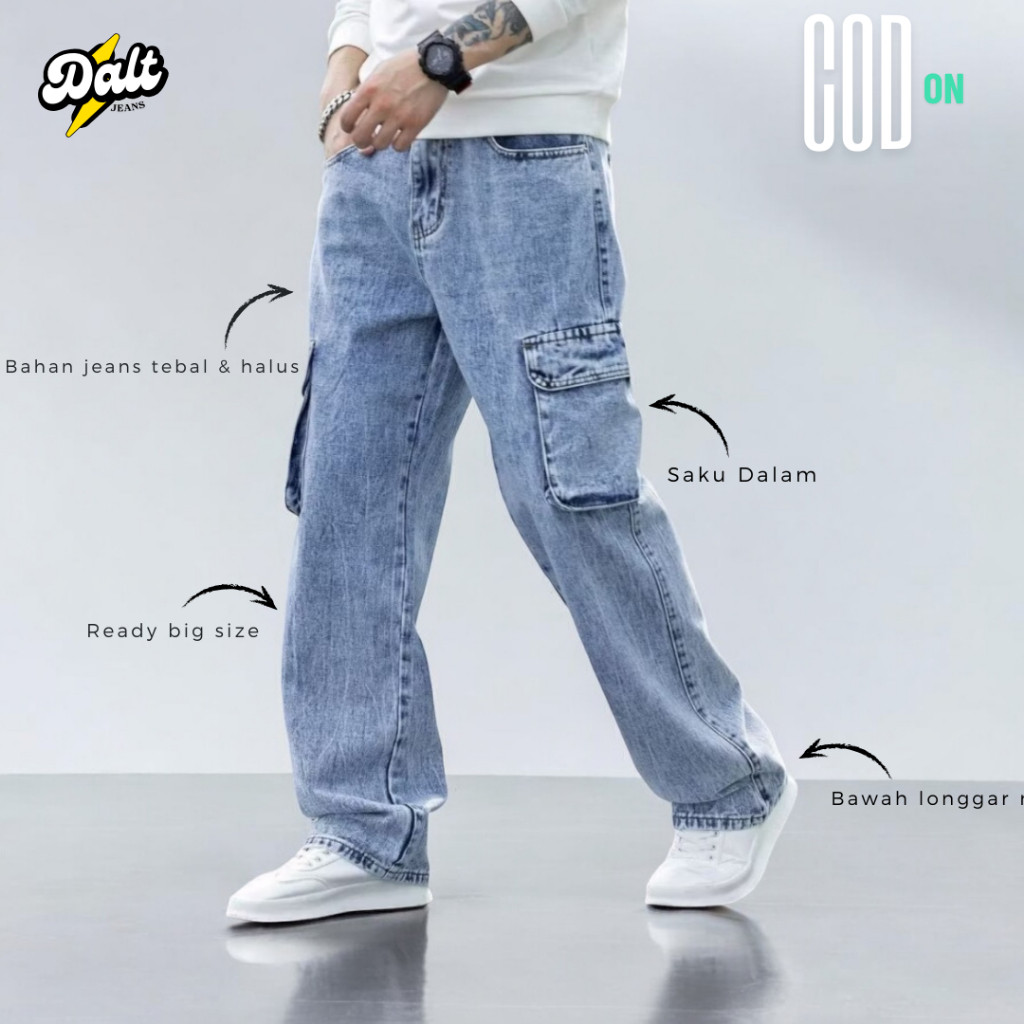 DALT - Cargo Jeans Panjang Pria Reguler Standar Loose Cargo Gombrong Jeans Pria Celana Korea Pria