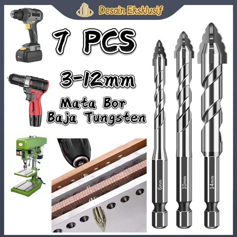 7PCS 3-12mm Mata Bor Baja Tungsten Superkeras /Mata Bor Segitiga Super Keras/Untuk Melubangi Kaca / 