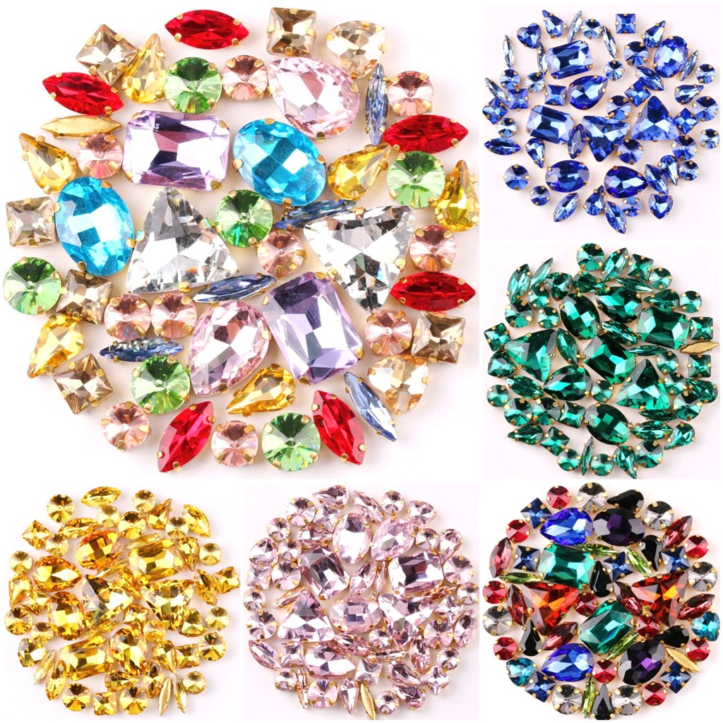 

Gold Metal claw setting 50pcs/bag shapes mix colors glass crystal sew on rhinestone wedding dress shoes bags diy trim